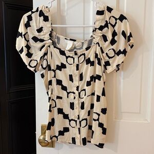 Black and Cream Geometric Button-Up Top